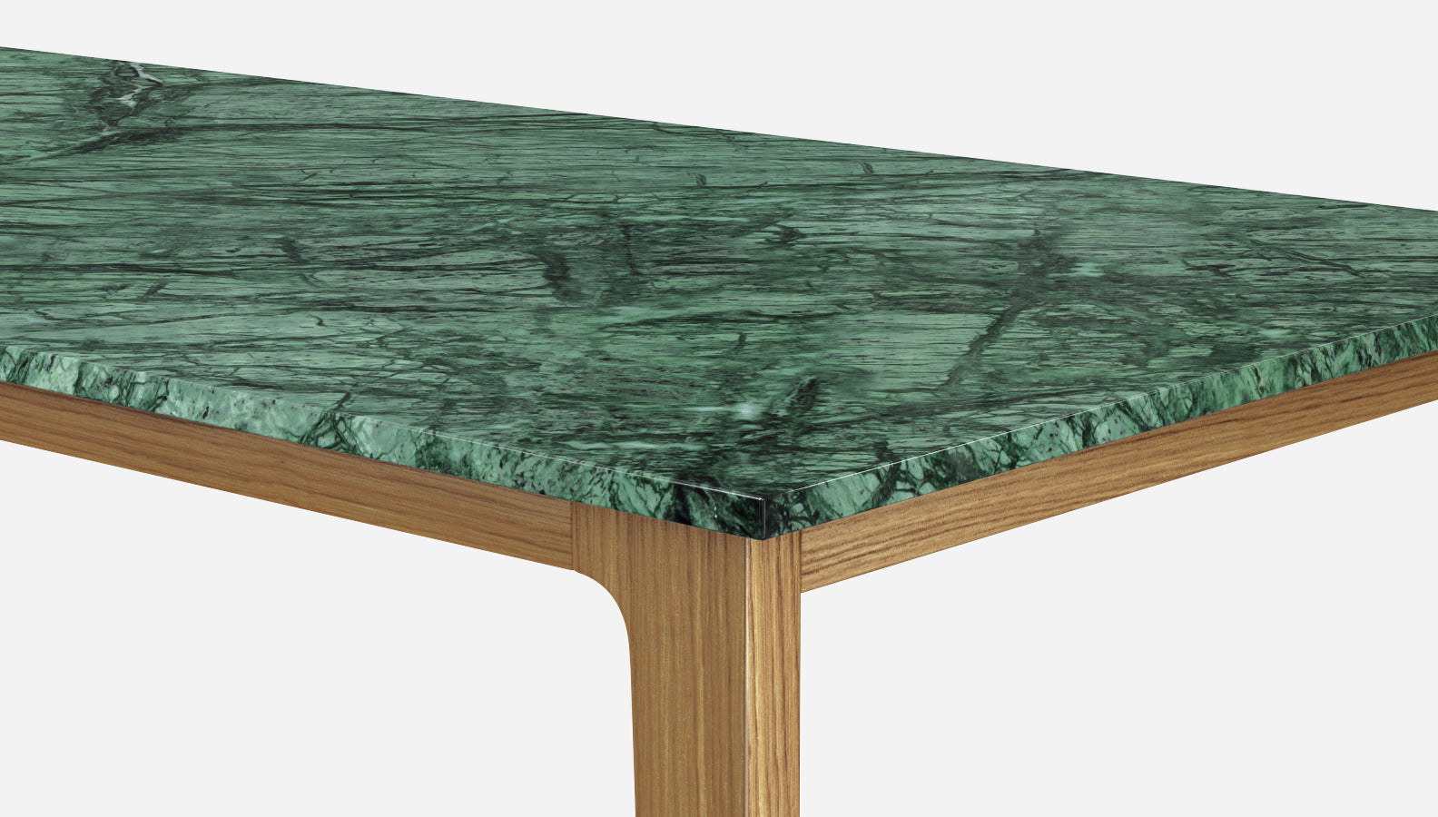 Glossy rectangular marble dining table with India Green marble top and wooden frame, perfect for modern dining rooms.