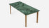 Glossy rectangular marble dining table with India Green marble top and wooden frame, ideal for modern dining rooms.