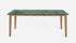 Glossy rectangular marble dining table with India Green marble top and wooden frame, ideal for modern dining rooms.