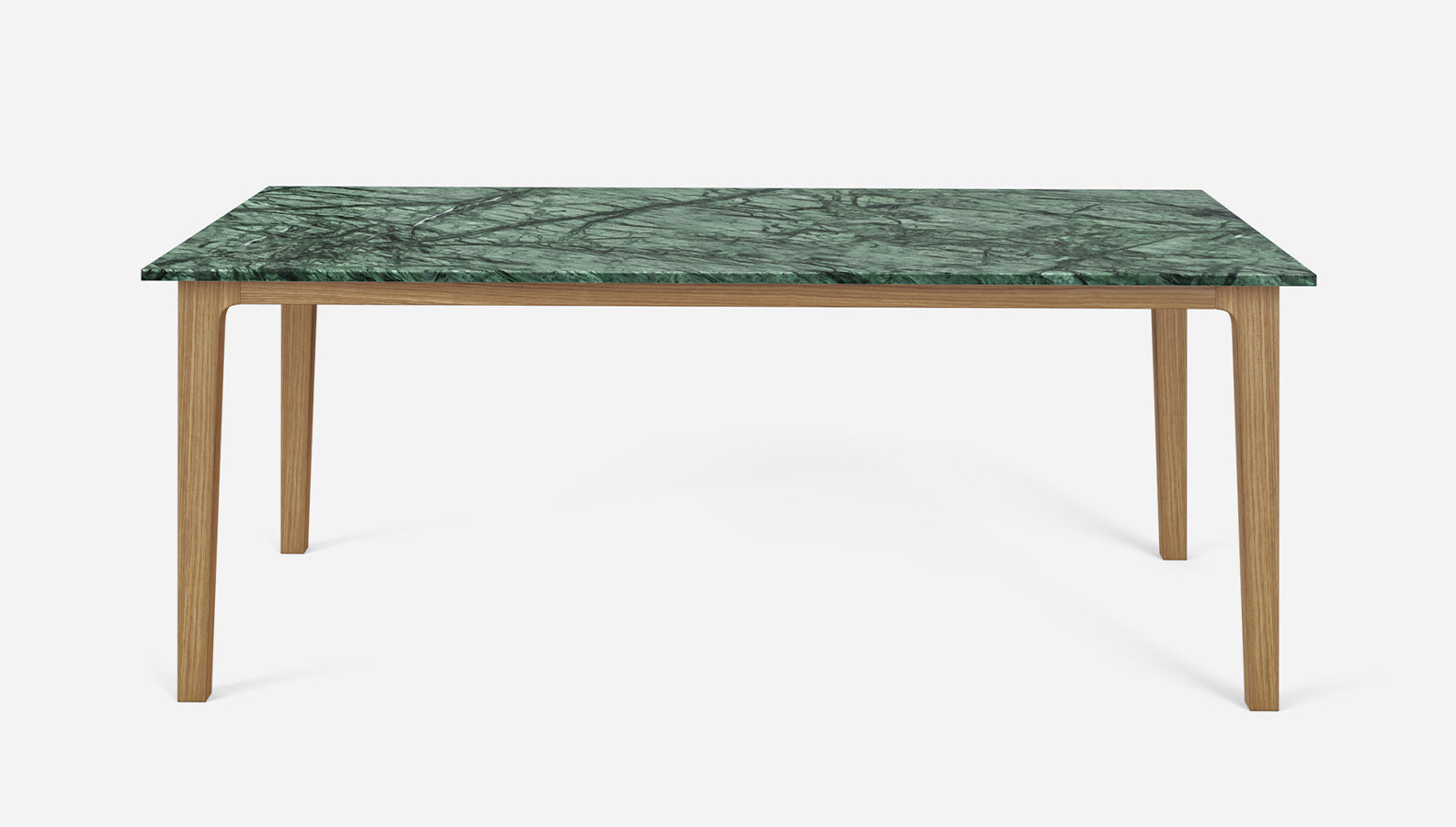 Glossy rectangular marble dining table with India Green marble top and wooden frame, ideal for modern dining rooms.