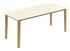 Marble dining table with travertine surface and wooden frame, modern design suitable for kitchen or dining room.
