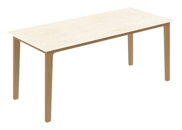 Marble dining table with travertine surface and wooden frame, modern design suitable for kitchen or dining room.