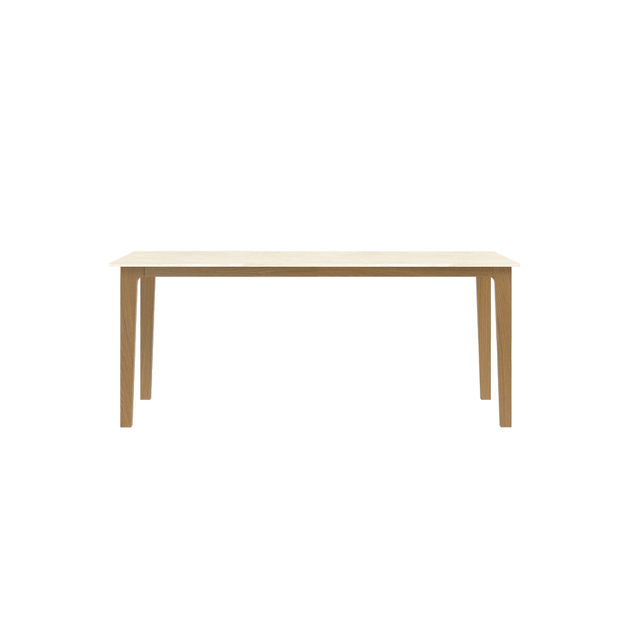 Marble dining table with travertine surface and wooden frame, 160 x 90 cm, modern design for contemporary dining rooms.