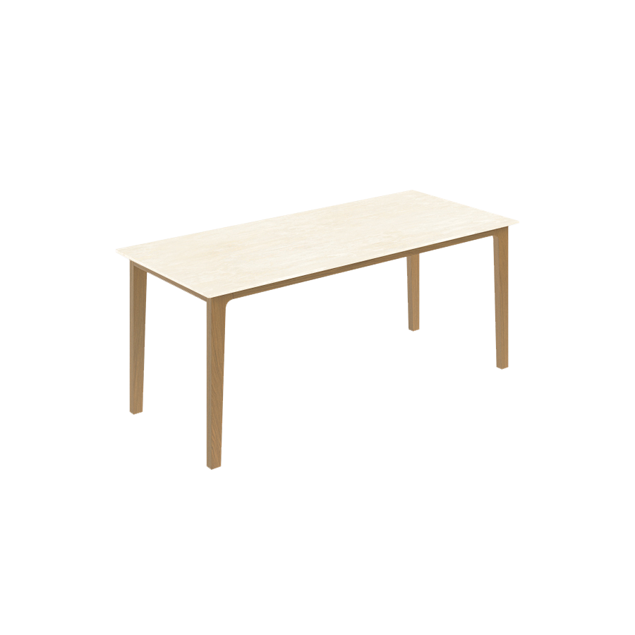 Marble dining table with travertine surface and wooden frame, modern design for kitchen or dining room use.