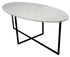 Oval Bianco Carrara marble dining table with cross-frame base, matte grey tint, and subtle scratches, 160x100 cm.
