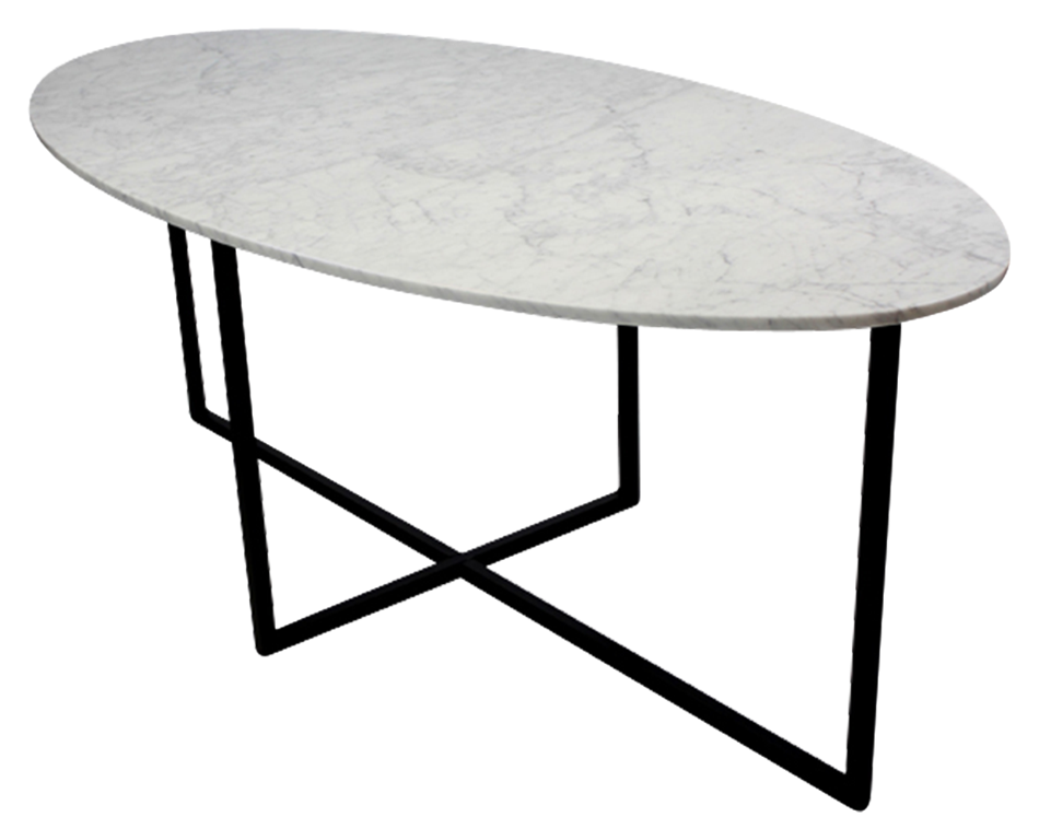 Oval Bianco Carrara marble dining table with cross-frame base, matte grey tint, and subtle scratches, 160x100 cm.