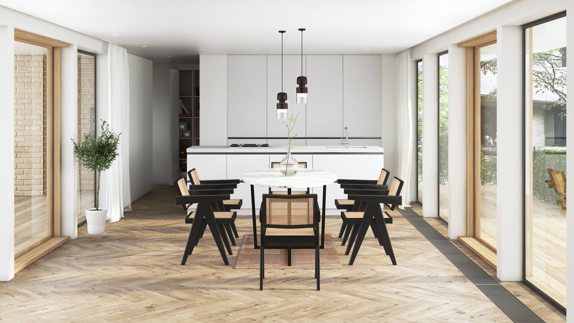 Oval marble dining table with Bianco Carrara white surface and cross-frame design, matte grey tint with small scratches.