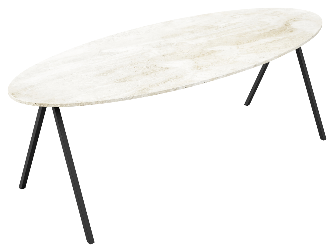 Oval Travertine Dining Table with V-shaped legs, showcasing smooth stone surface and modern design for stylish dining spaces.