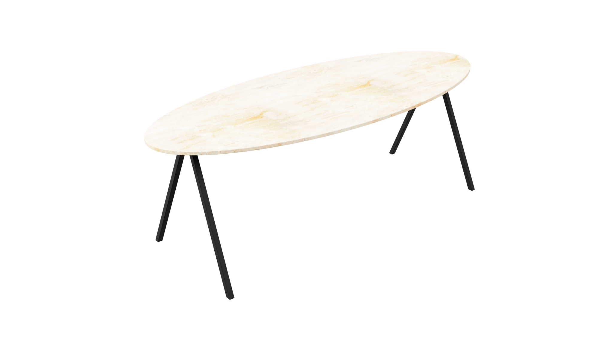 Oval travertine dining table with V-shaped legs, showcasing a smooth, polished surface in a stylish modern design.