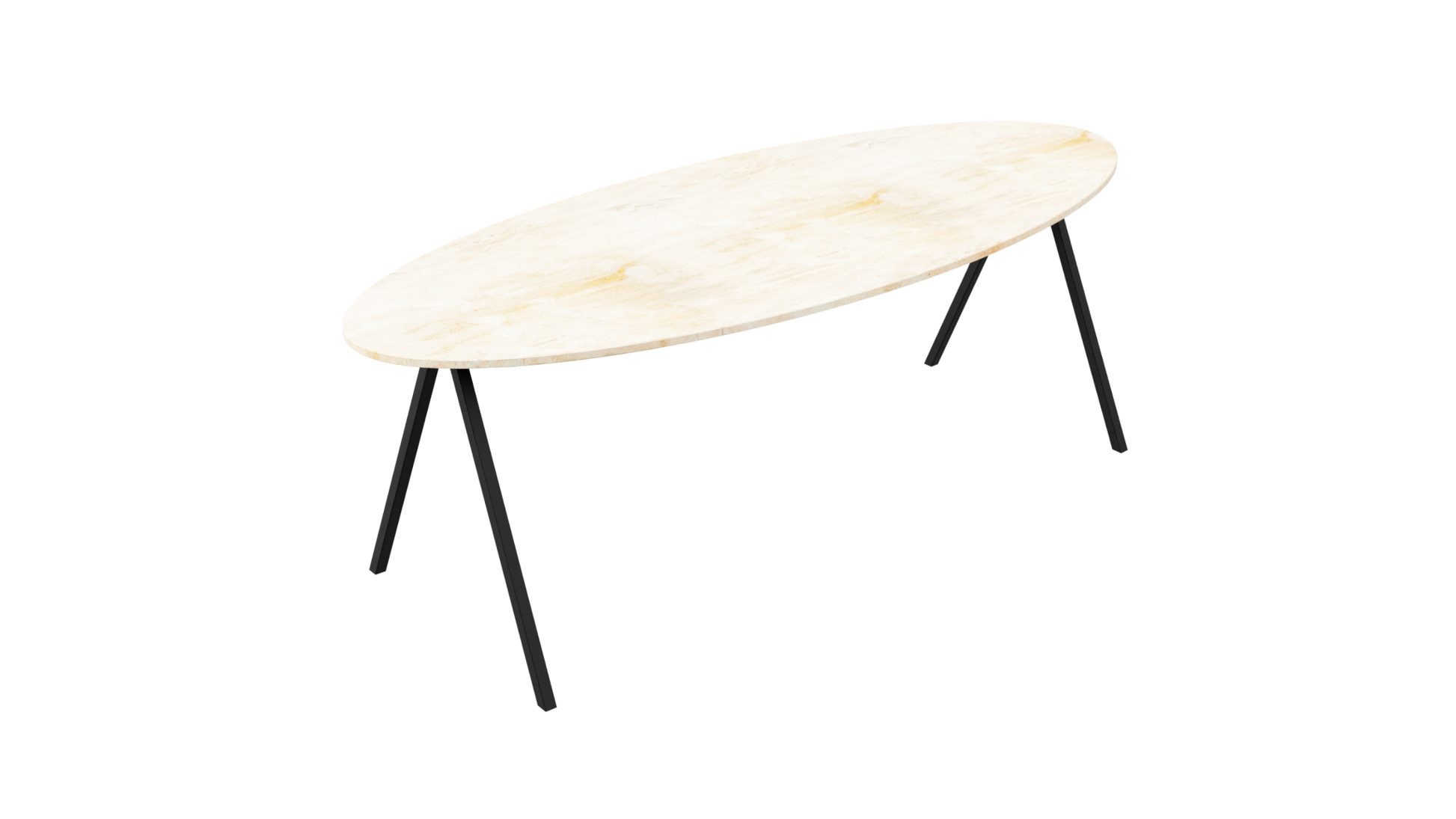 Oval travertine dining table with V-shaped legs, showcasing a smooth, polished surface in a stylish modern design.