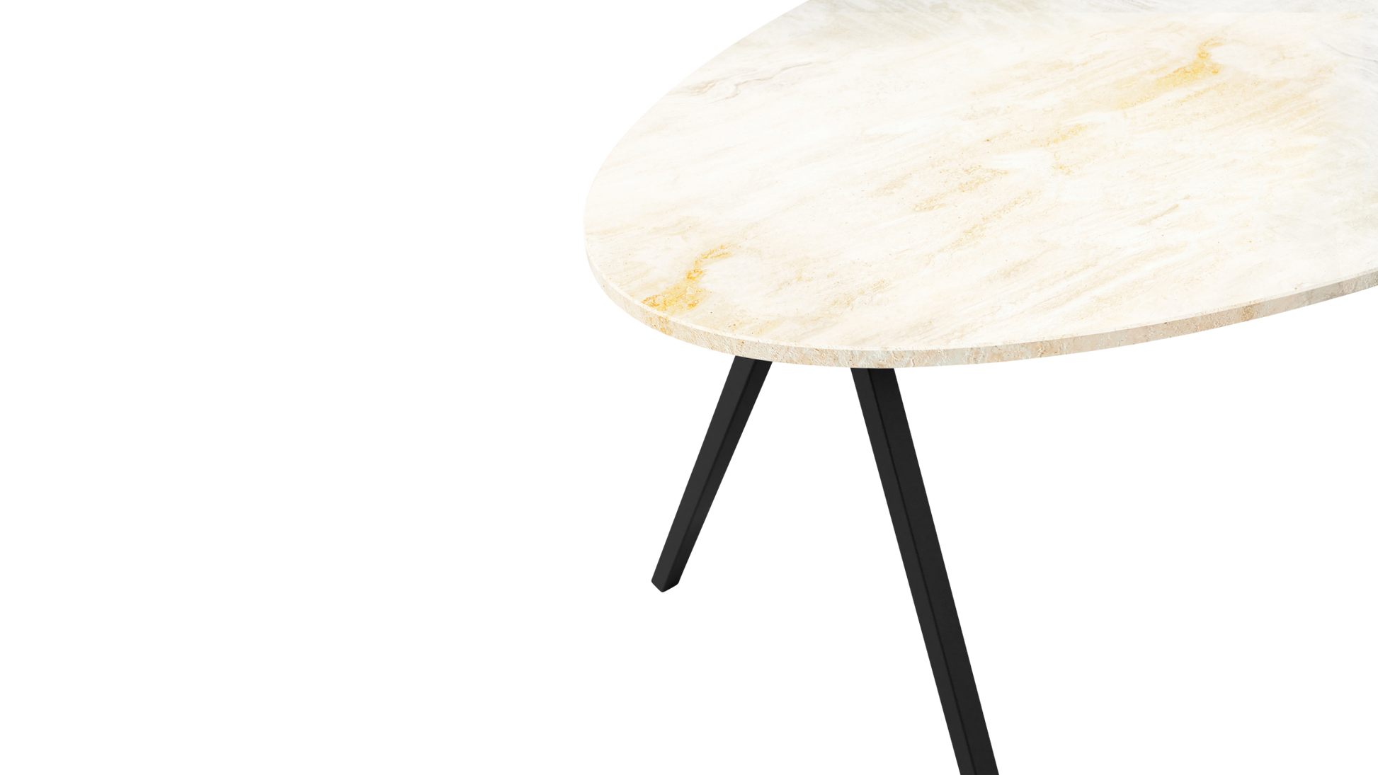 Oval travertine dining table with V-shaped legs, 160x90 cm, showcasing a smooth, natural stone surface and modern V-leg design.