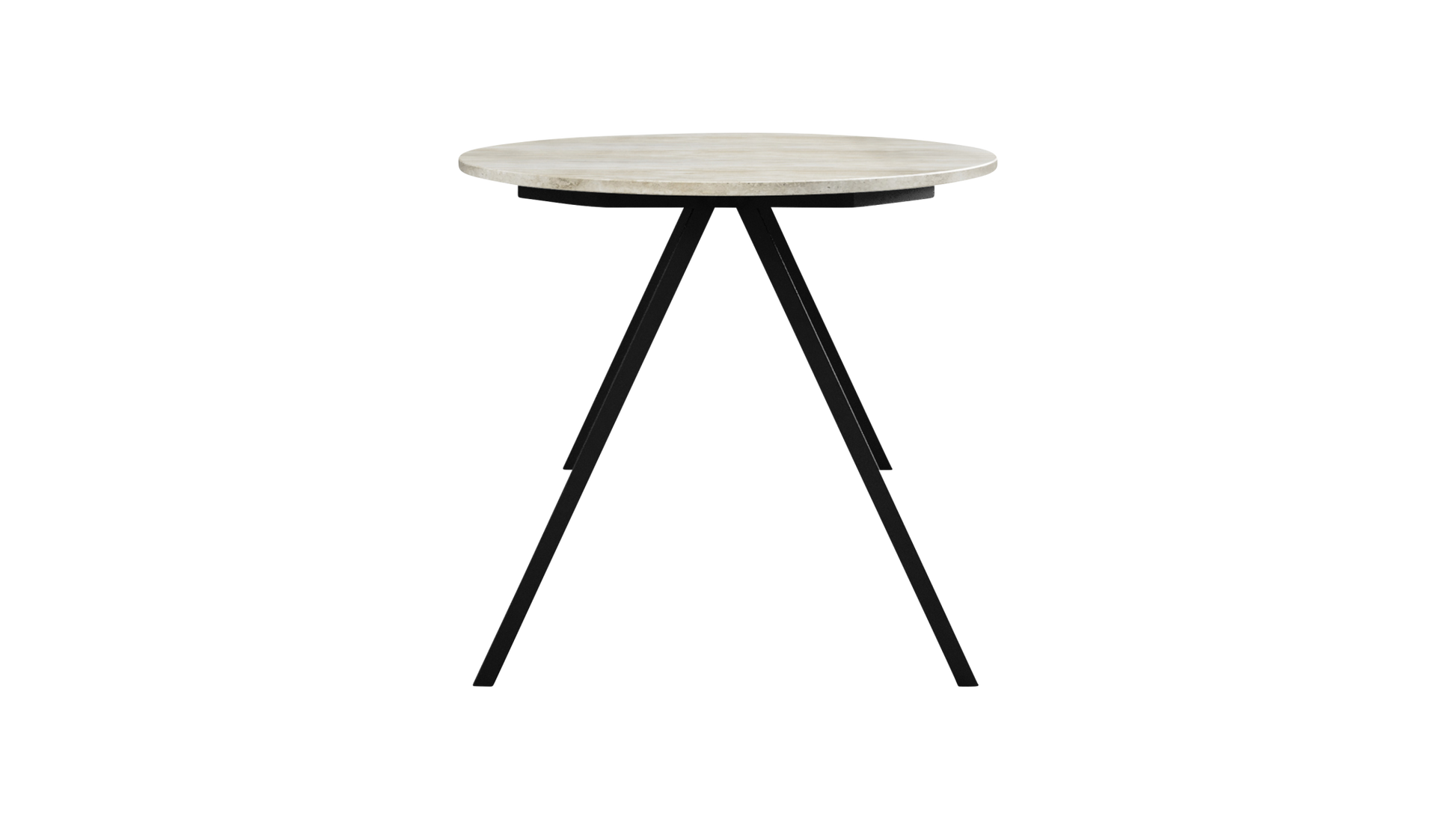 Oval travertine dining table with V-shaped legs, showcasing a smooth, natural stone surface and modern design.