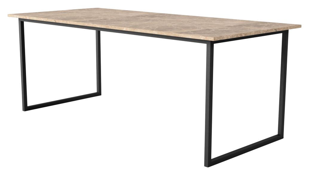Rectangular marble dining table with light Emperador marble top and U-shaped metal frame for modern dining rooms.
