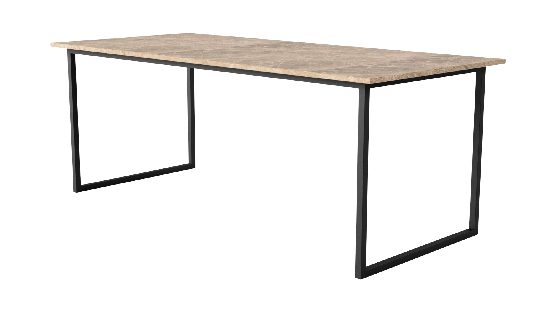 Rectangular Light Emperador marble dining table with U-frame base, modern design, in a stylish home setting.