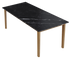 Rectangular Nero Marquina black marble dining table with wooden frame, modern design and sturdy construction.