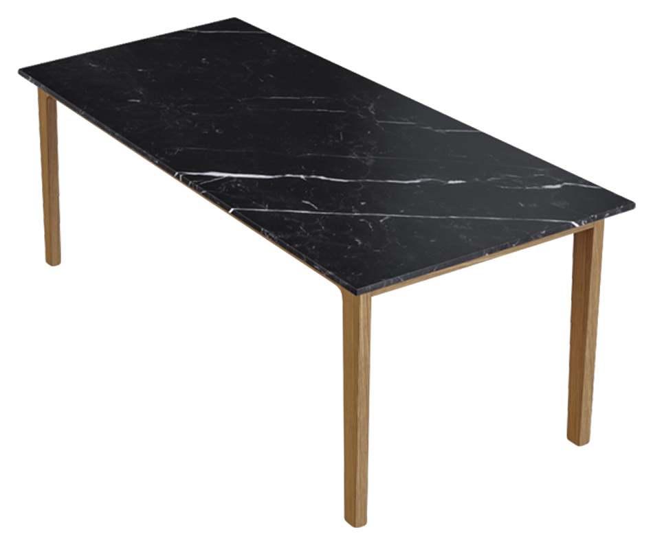 Rectangular Nero Marquina black marble dining table with wooden frame, modern design and sturdy construction.