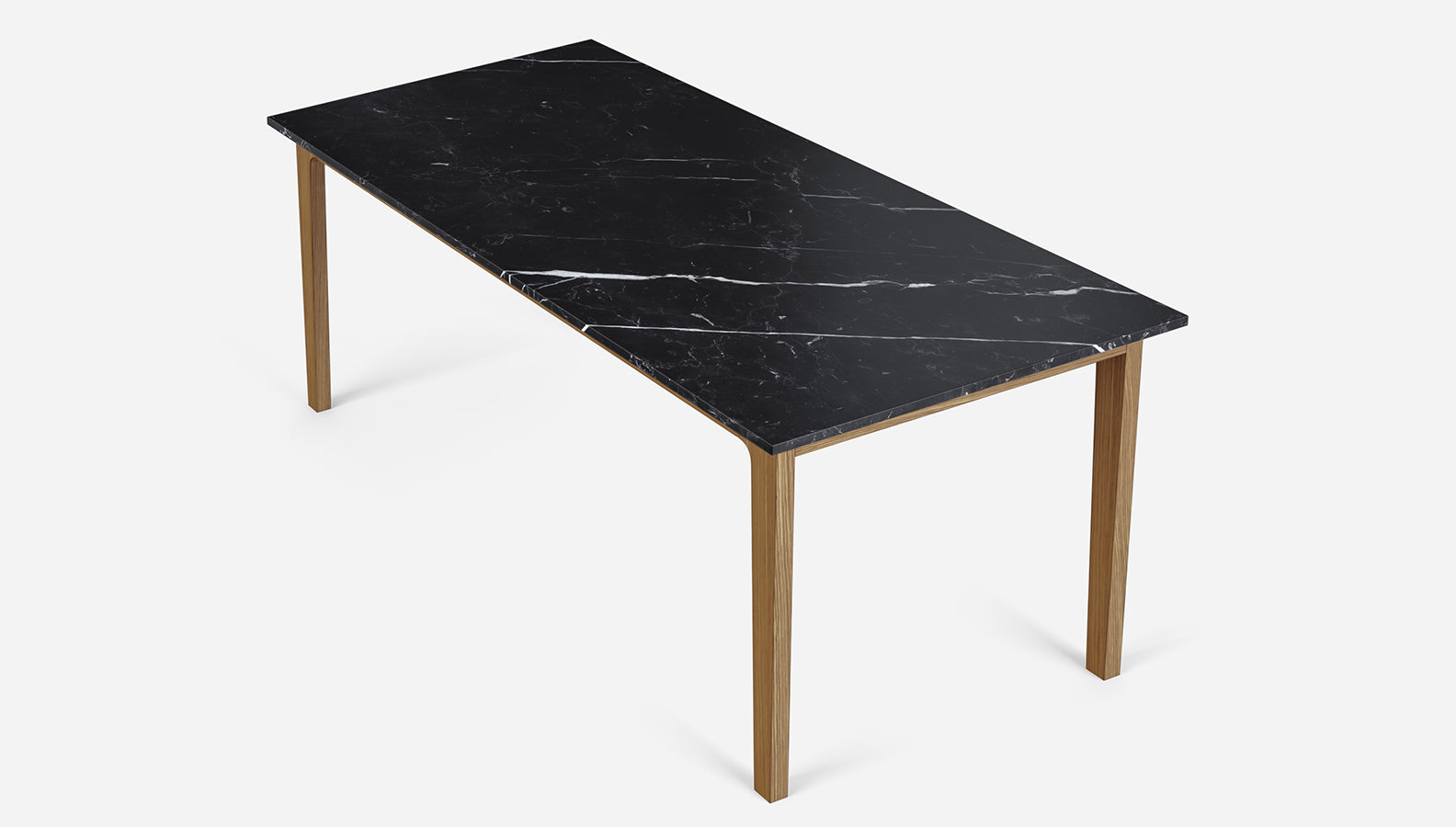 Rectangular Nero Marquina black marble dining table with wooden frame, modern design, suitable for contemporary dining rooms.