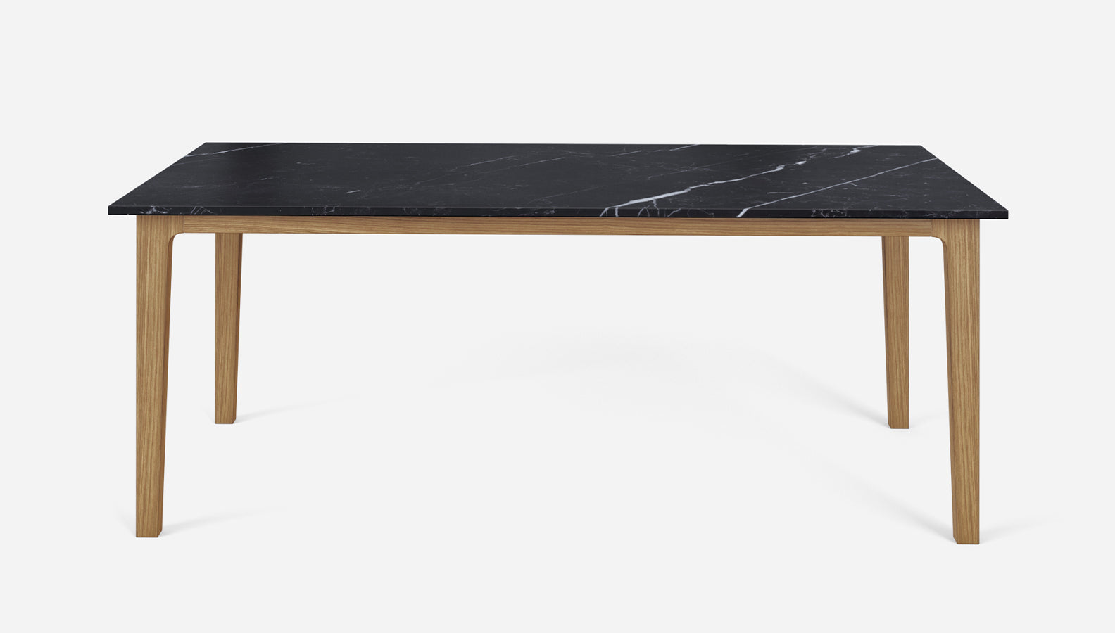 Rectangular Nero Marquina black marble dining table with wooden frame from My Store, showcasing sleek modern design and polished surface.