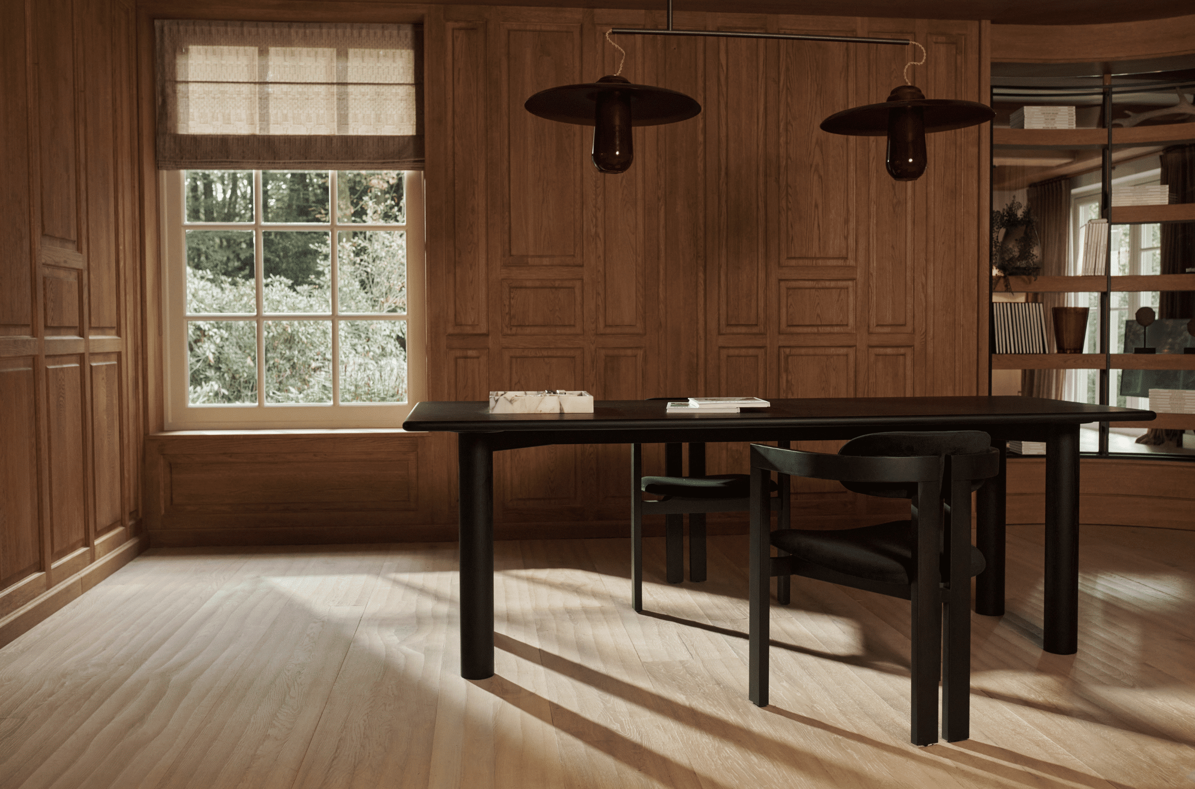 Rectangular dining table by My Store in black oak finish, with minor scratches and chipped corners, 180 cm by 90 cm.