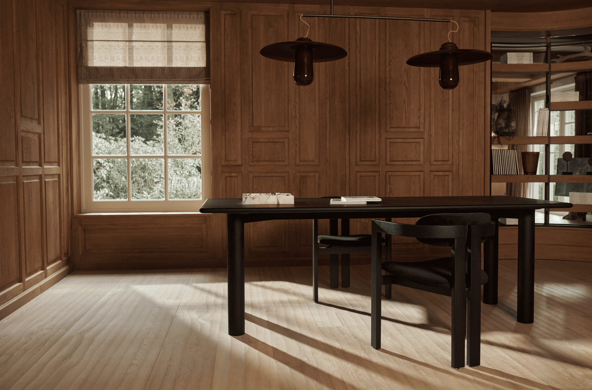 Rectangular dining table by My Store in black oak finish, with minor scratches and chipped corners, 180 cm by 90 cm.