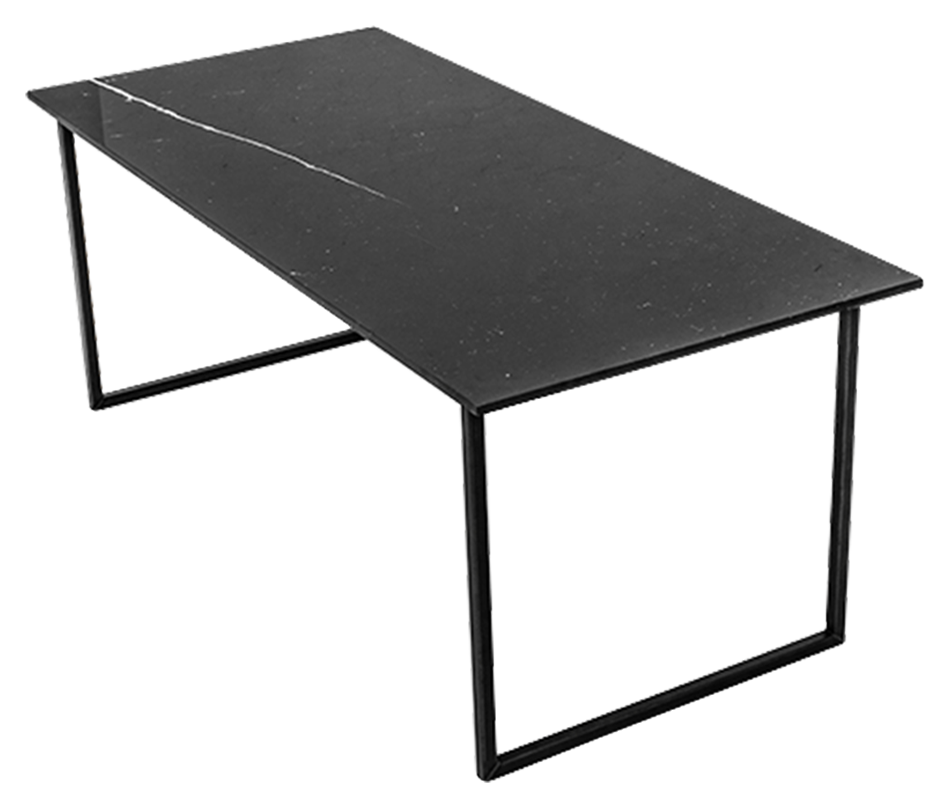 Rectangular Nero Marquina black marble dining table with matte finish and U-frame support, measuring 180x80 cm.