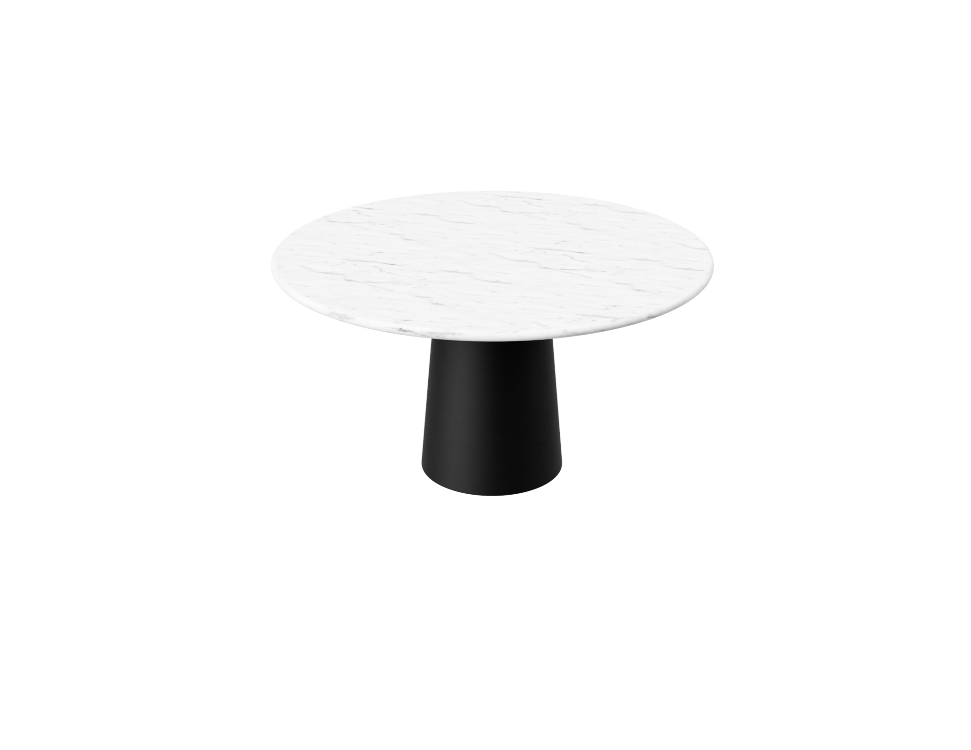 Flow oval dining table by My Store with Bianco Carrara white marble top and black cylindrical base, glossy finish.