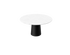 Flow oval dining table with black cylindrical base and travertine marble tabletop, modern design for contemporary dining spaces.