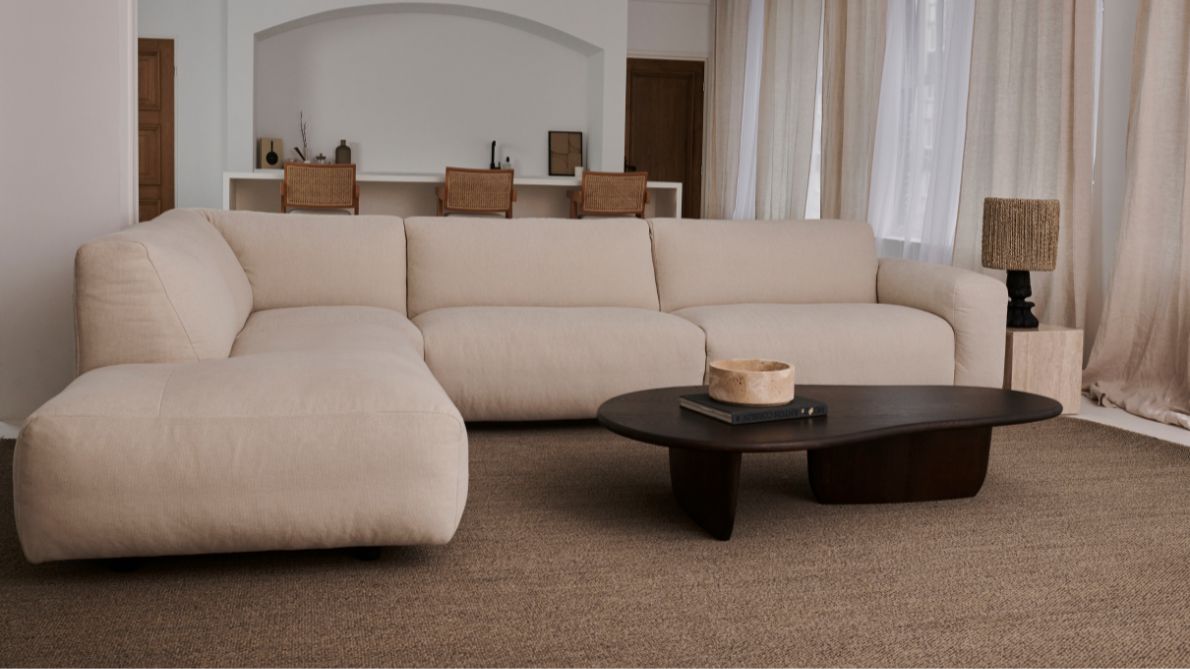 Ivory NOLLIE Teddy 98 corner sofa by My Store, right-facing 2-seater sectional with plush fabric and modern design.