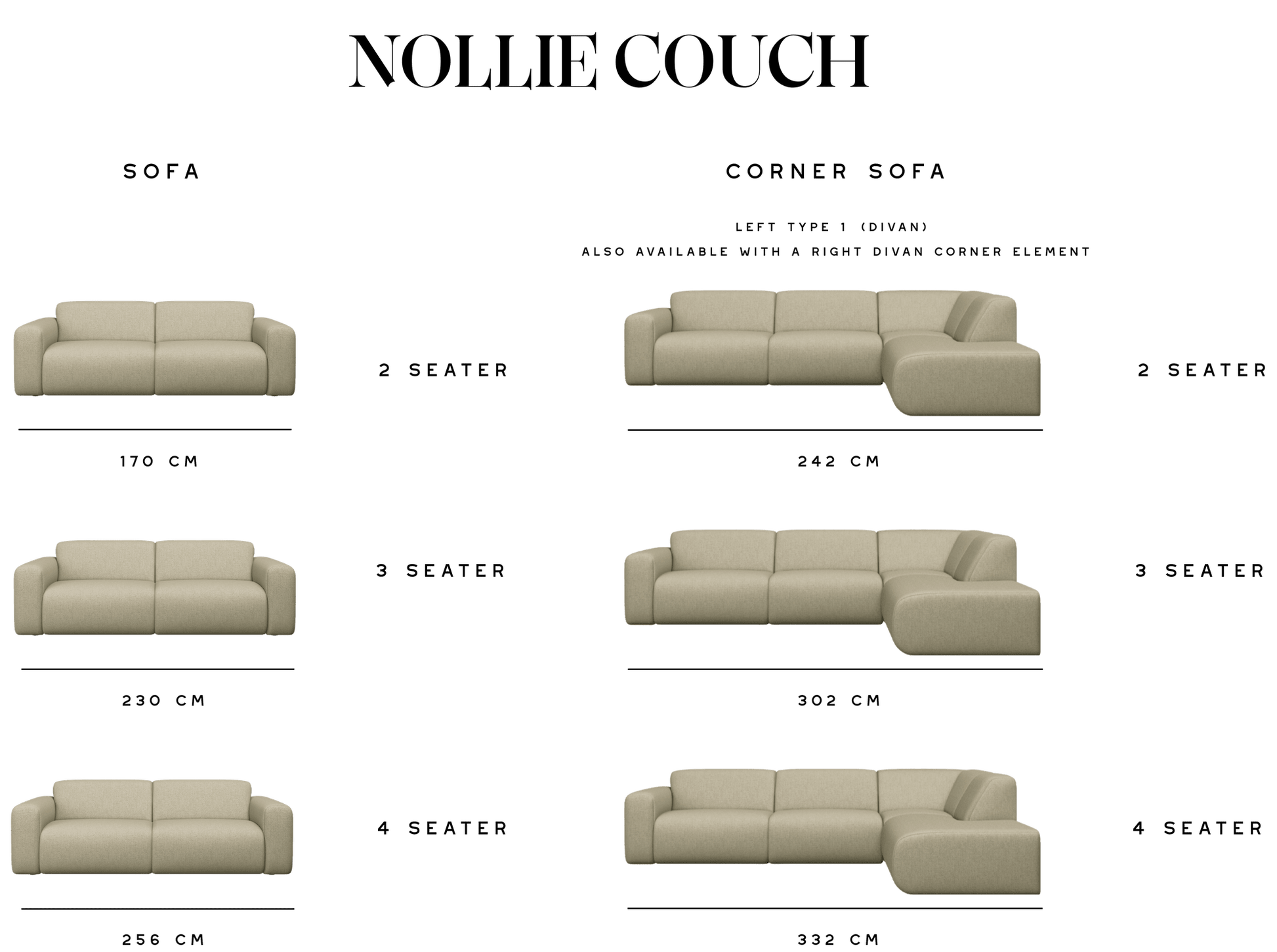 NOLLIE Teddy 98 Ivory corner sofa from My Store, right-facing 2-seater with plush fabric and modern design.