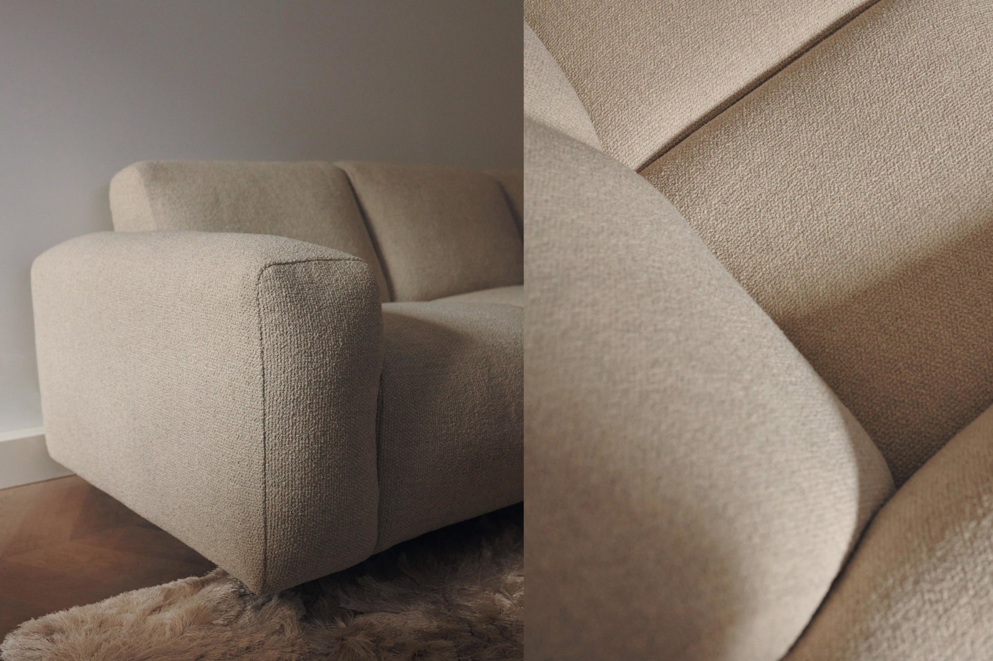 Two-seater NOLLIE Sofa in Monza 07 Earth fabric, featuring a modern design with plush cushions and wooden legs.