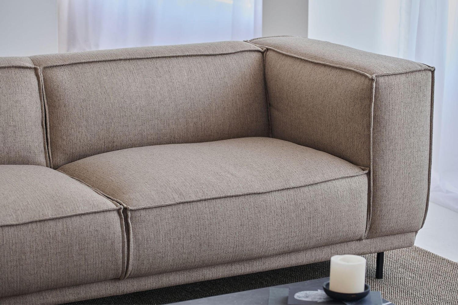 Dark grey VICO Phoebe 2-seater sofa by My Store, showcasing plush fabric and modern design in a cozy living room setting.