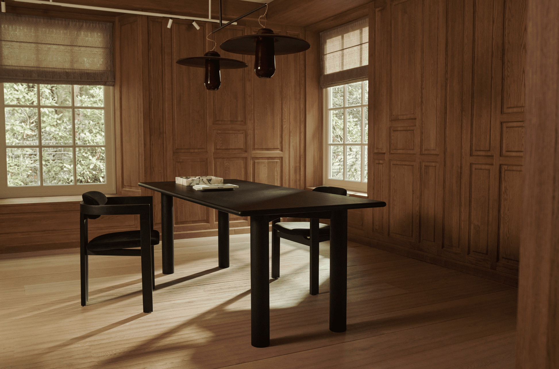Rectangular dining table by My Store with black oak finish, featuring a sleek design and chipped corner details, 200 cm length.