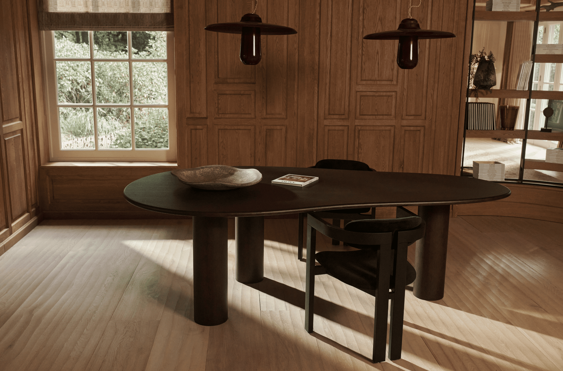 My Store Franky freeform dining table in smoked oak wood with a modern, organic shape and 200 cm length.