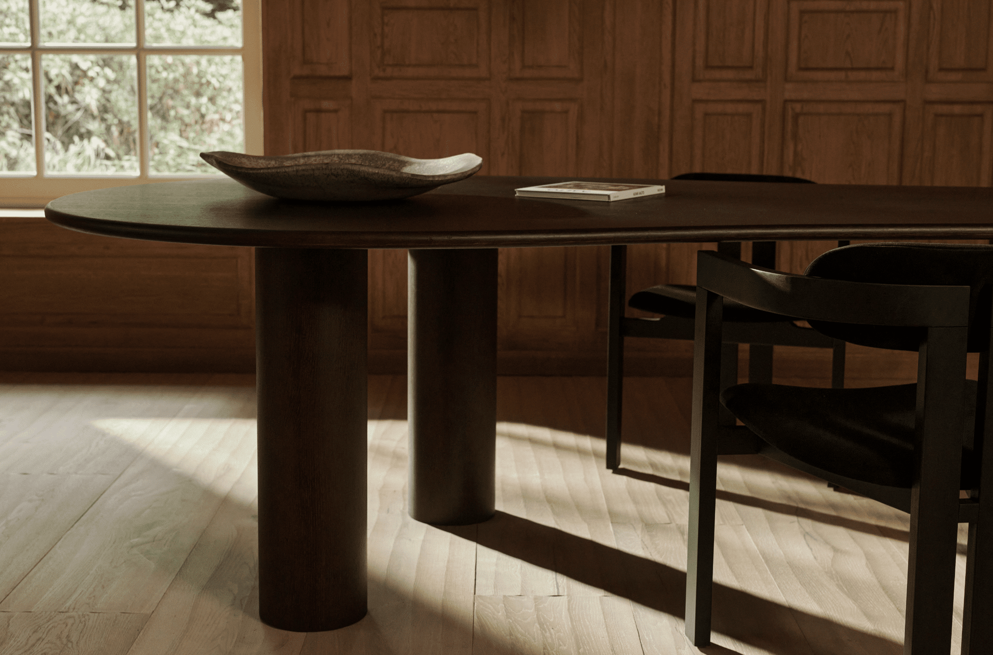 Organic dining table by My Store, FRANKY model in smoked oak OUD finish, showcasing the sleek wooden surface and sturdy design.