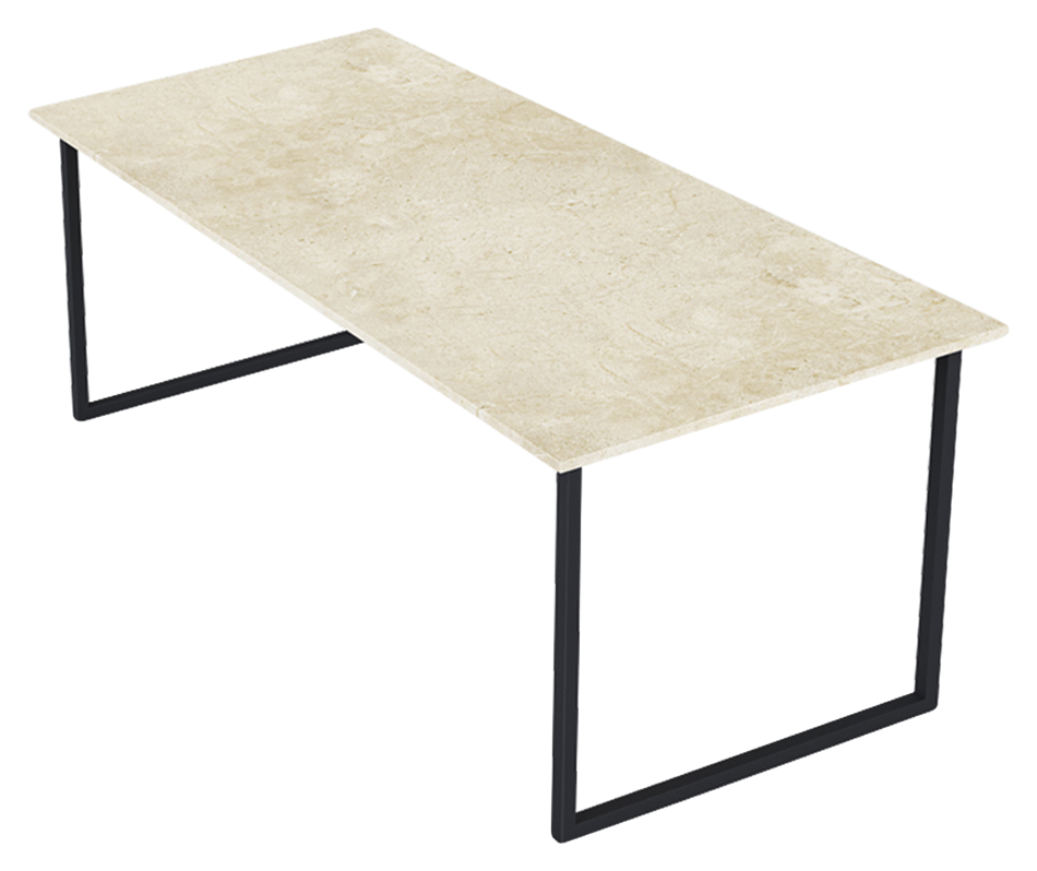 Rectangular Crema Marfil beige marble dining table with U-frame, matte finish, small dents, and excellent condition.