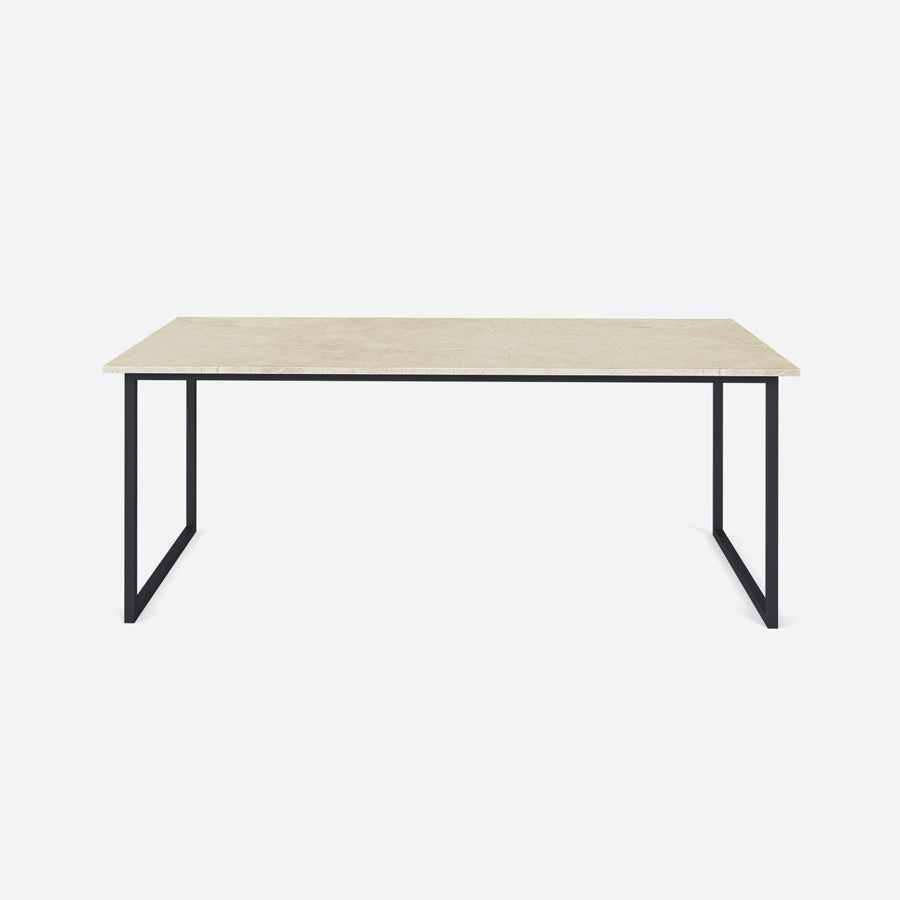 Rectangular Crema Marfil beige marble dining table with U-frame, matte finish, small dents, in excellent condition.