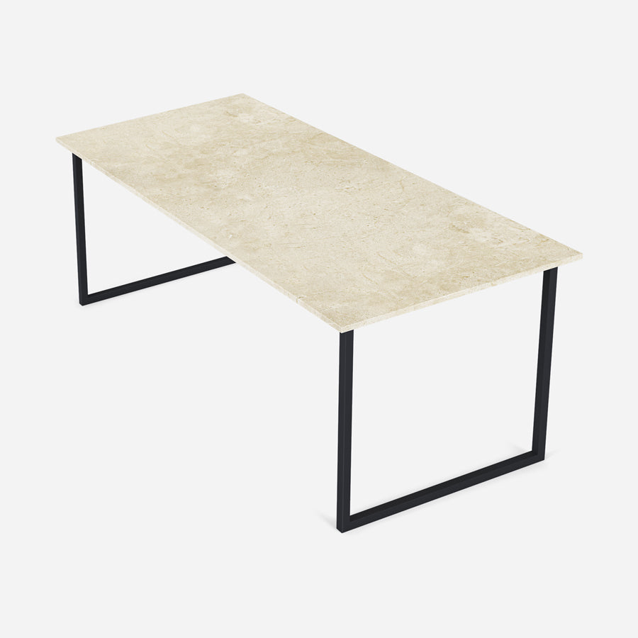 Rectangular Crema Marfil beige marble dining table with U-frame, matte finish, small dents, excellent condition, 200x90 cm size.