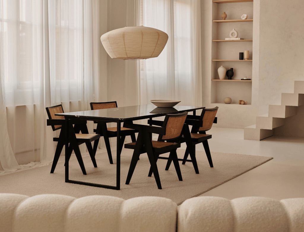 Rectangular Crema Marfil beige marble dining table with U-frame, matte finish, small dents, in excellent condition.