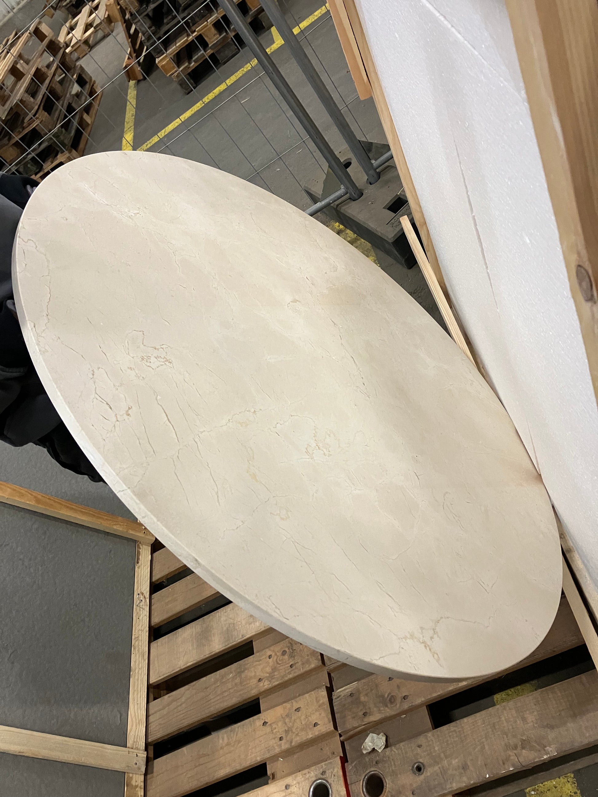 Rectangular Crema Marfil beige marble dining table with U-frame, 200x90 cm, matte finish, small dents, in excellent condition.