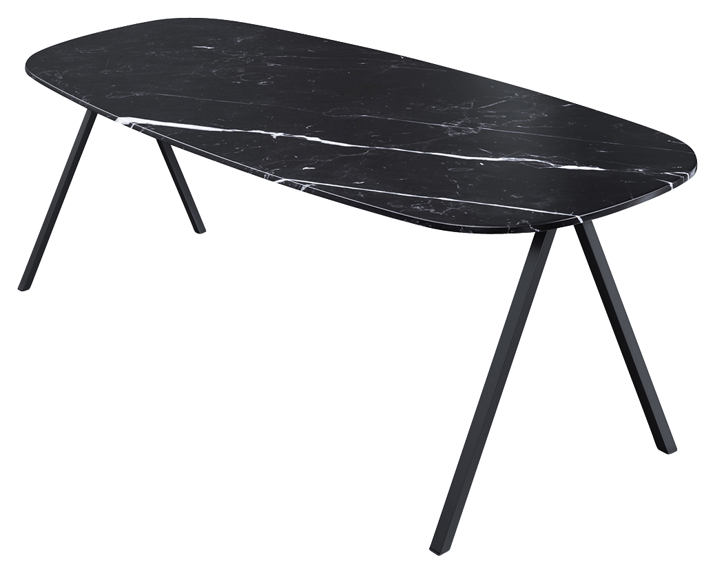 Celio Marble Dining Table in Nero Marquina black with V-frame, glossy finish, small stains and scratches, 220x90 cm.