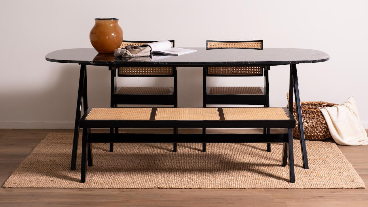 Celio Marble Dining Table in Nero Marquina black with V-frame, glossy finish, small stains and scratches, 220x90 cm size.