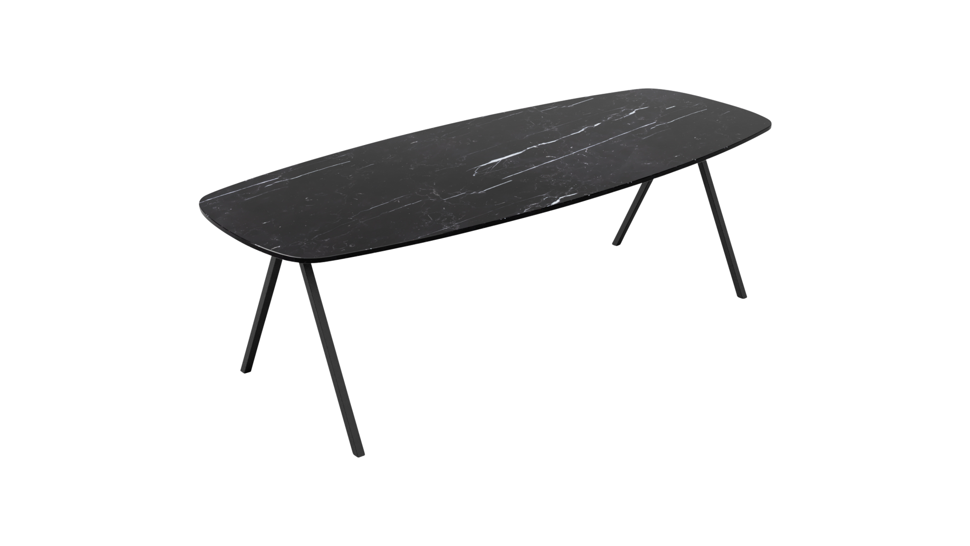 Celio Marble Dining Table by My Store with Nero Marquina black marble surface, V-frame design, 220x90 cm, glossy finish with minor stains.