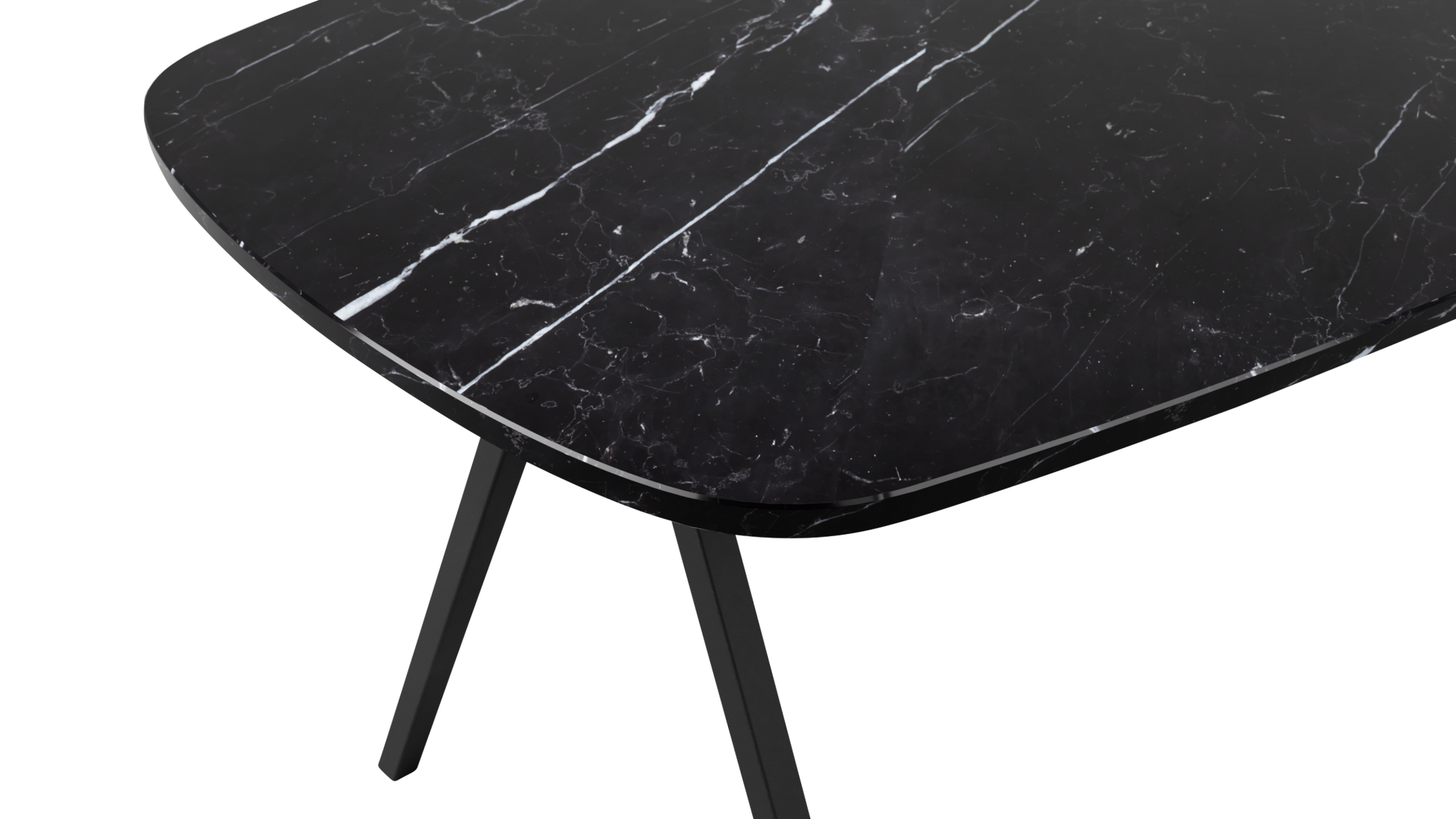 Celio Marble Dining Table in Nero Marquina black with V-frame, glossy surface, small stains and scratches, 220x90 cm.