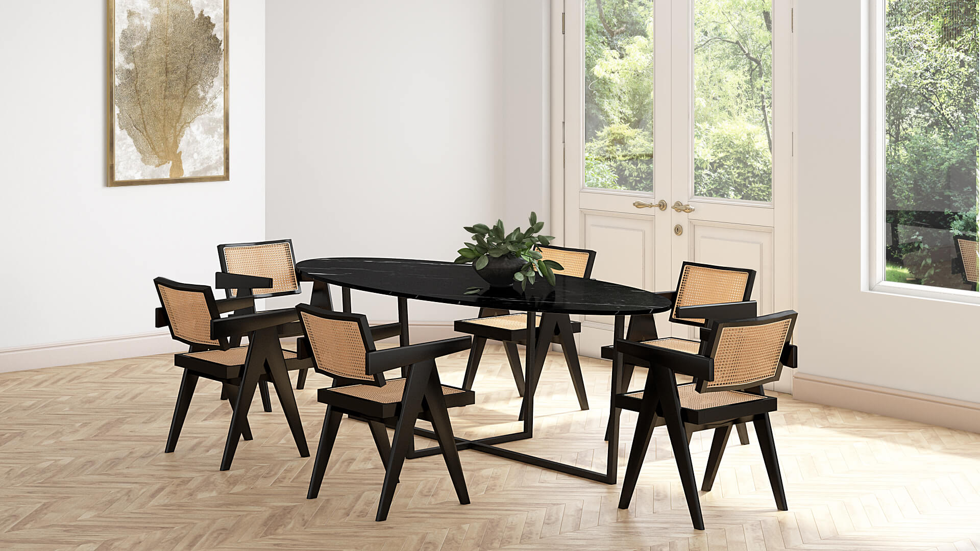 Oval Nero Marquina marble dining table with cross metal frame, glossy black finish, 240x100 cm from My Store.