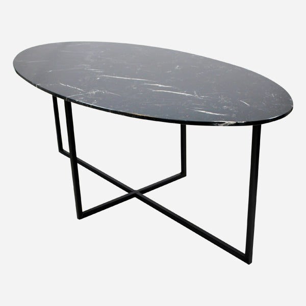 Oval Nero Marquina marble dining table with a glossy finish and cross metal frame, 180x90 cm, perfect for modern dining rooms.