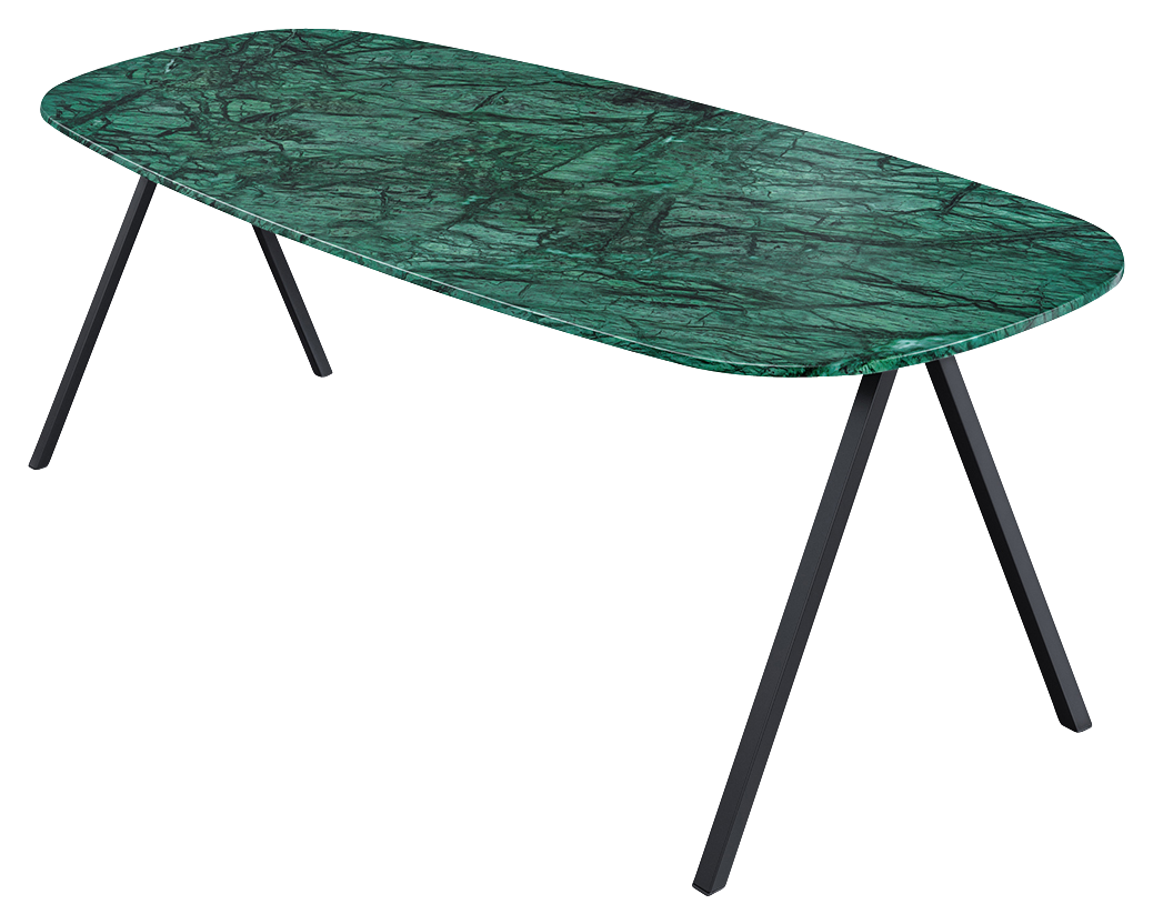 Celio Marble Dining Table in India Green with V-frame, 240x90 cm, matte finish, repaired corner, very good condition.