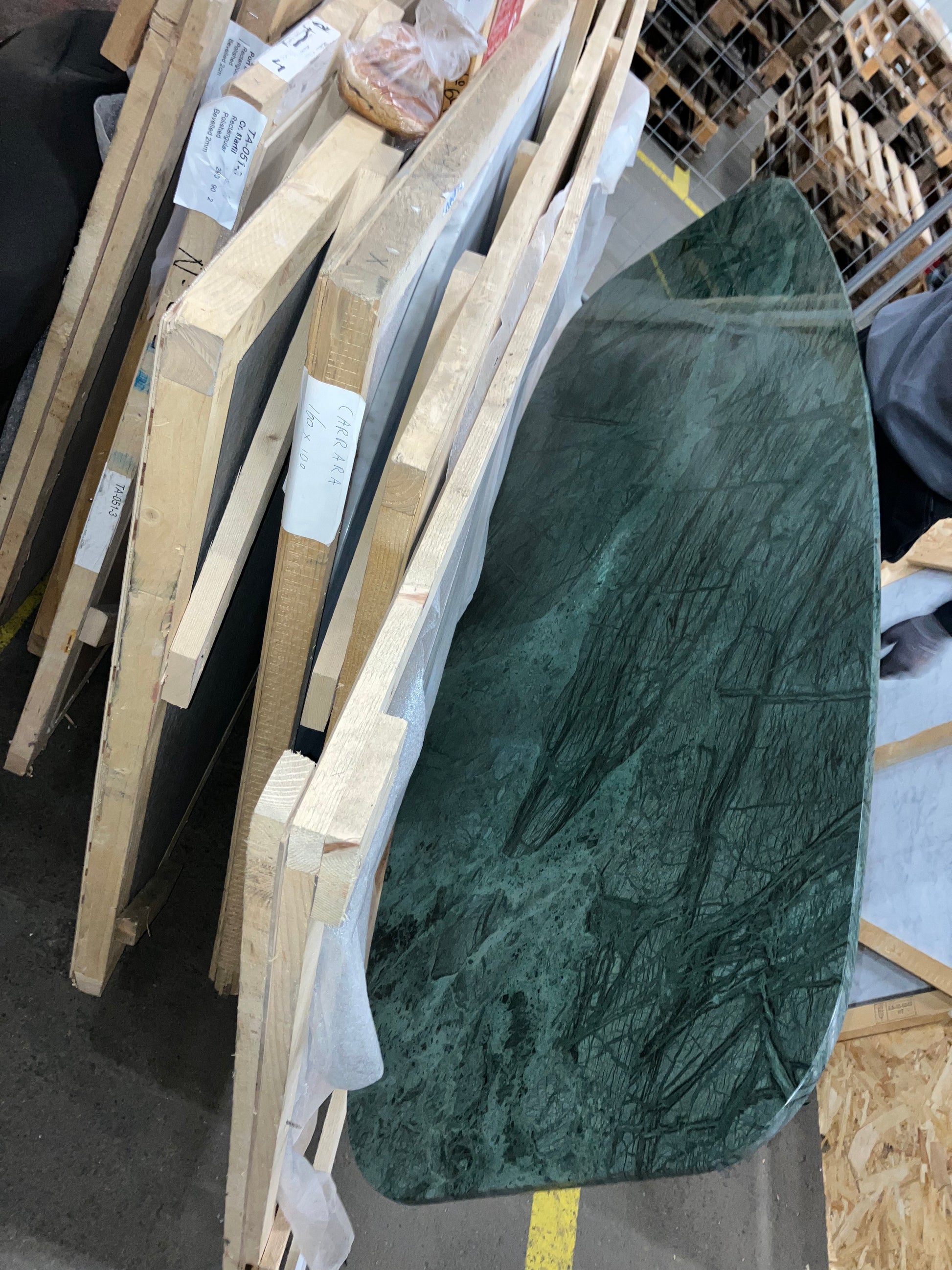 Celio Marble Dining Table in India Green with V-frame, 240x90cm, matte finish, repaired corners, very good condition.