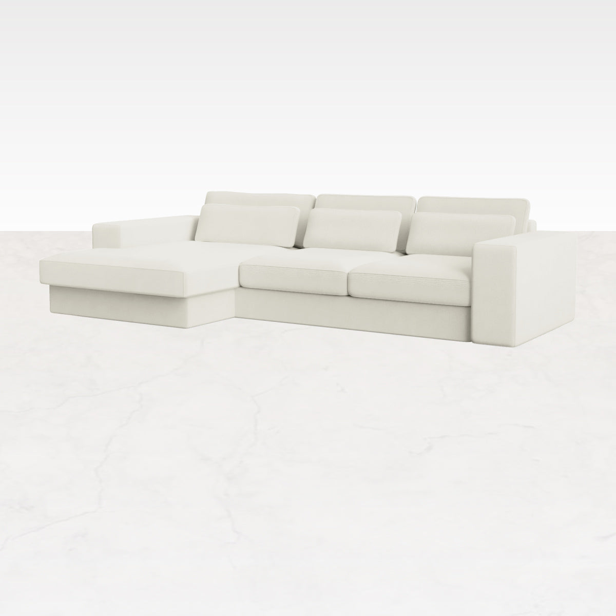 Off-white Minato sofa by My Store, three-seater with left-facing divan, showcasing plush fabric and modern design.