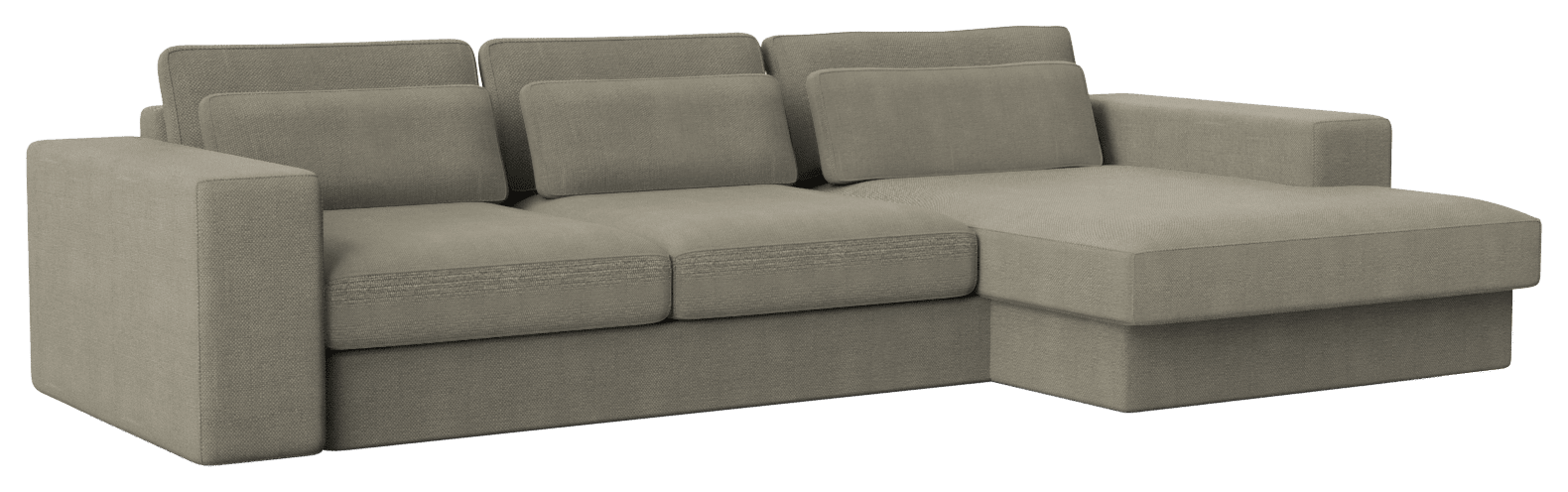 Three-seater Minato sofa in Phoebe Smokey Taupe with right-side divan, stylish and comfortable for modern living rooms.