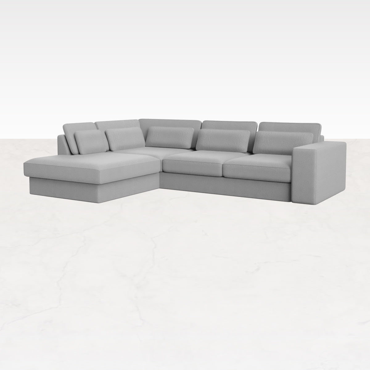 Capucine Silver Minato sofa with a longchair on the left, modern 3-seater sofa for stylish living rooms